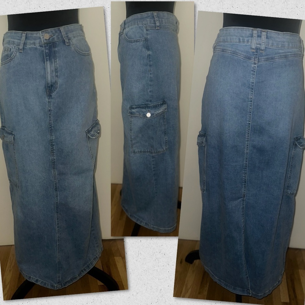 Sincerely Jules Blue Denim Jean Cargo Maxi Skirt Jr Size 7/28 - Picture 2 of 4